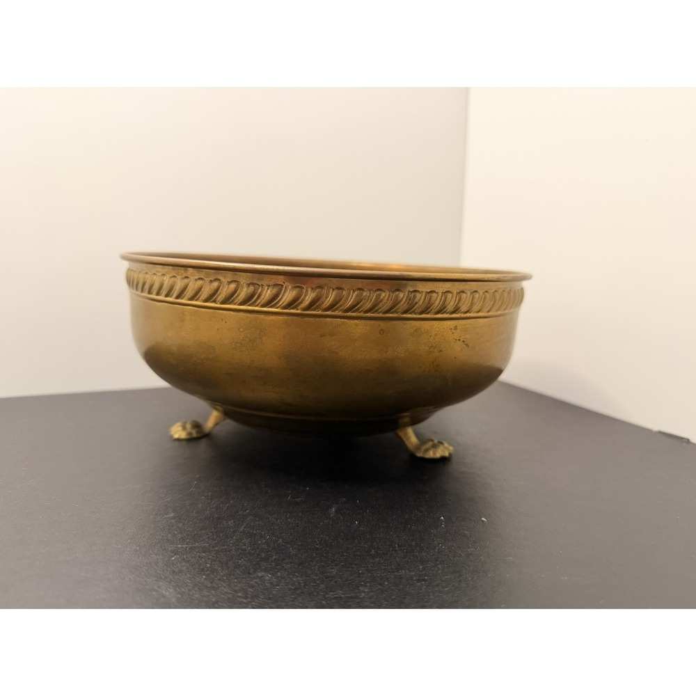 Vintage Brass Footed Bowl Decorative Centerpiece Dish Rope Rim Claw Feet 8"
